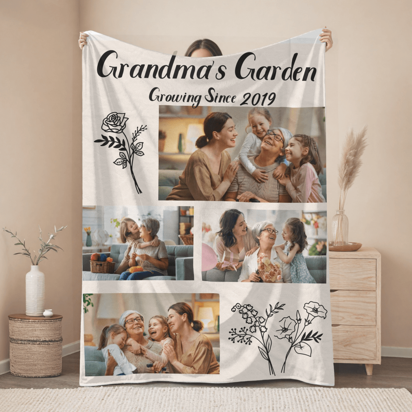 Personalized Grandma's Garden Plush Blanket – Cozy Floral Throw for Family Memories